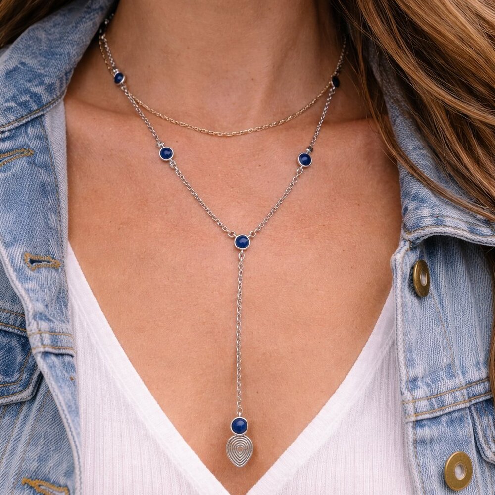💙 Lucky Brand Silver & Blue Stone Y-Necklace | Boho Chic 💙